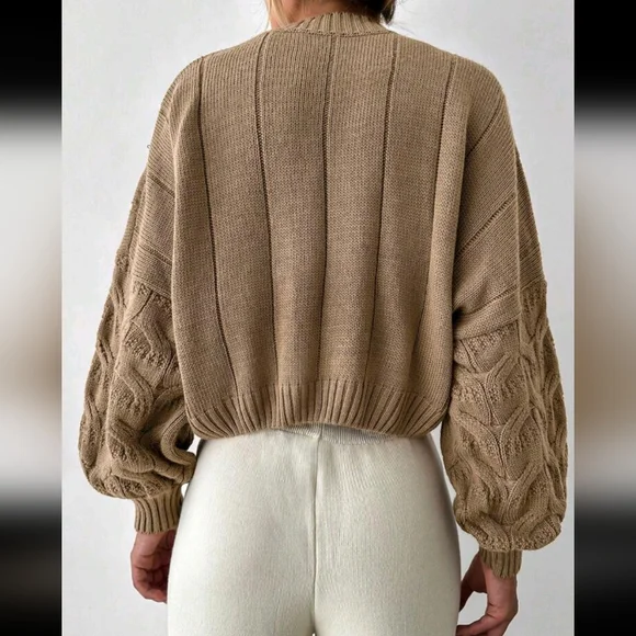 Mock Neck Drop Shoulder Cable Knit Sweater - Picture 2 of 4